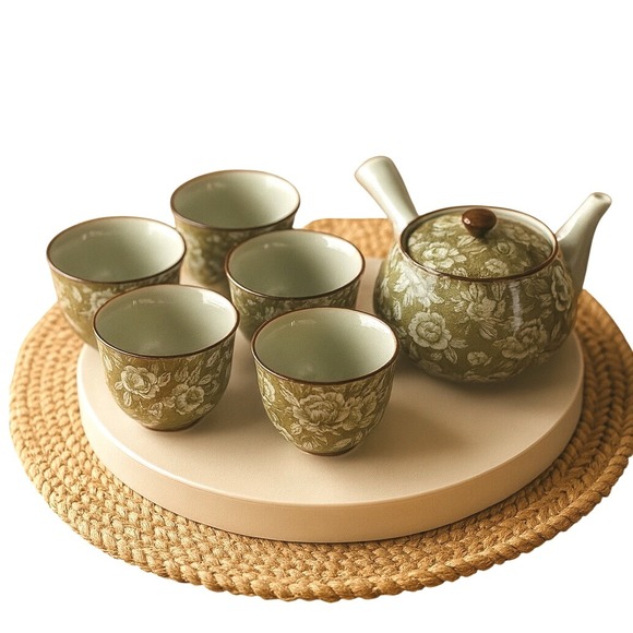 Arita Ware Japanese Tea Set Green Floral Teapot Cups Made in Japan Vintage 96-04